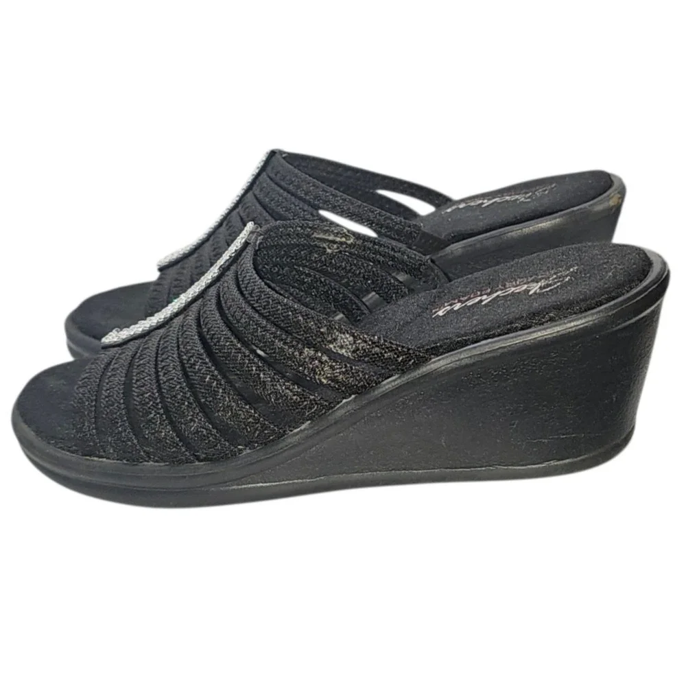 Skechers Cali Memory Foam Rumblers Hotshot Black Wedge Slide w/Rhinestones Sz 9‎